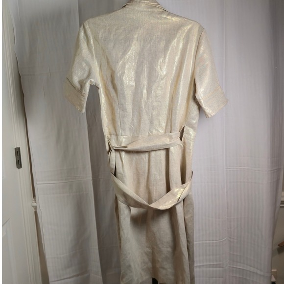 Jennifer Reale Design Women's S Gold Metallic Belted Linen Blend Wrap Dress Rare - Picture 12 of 12